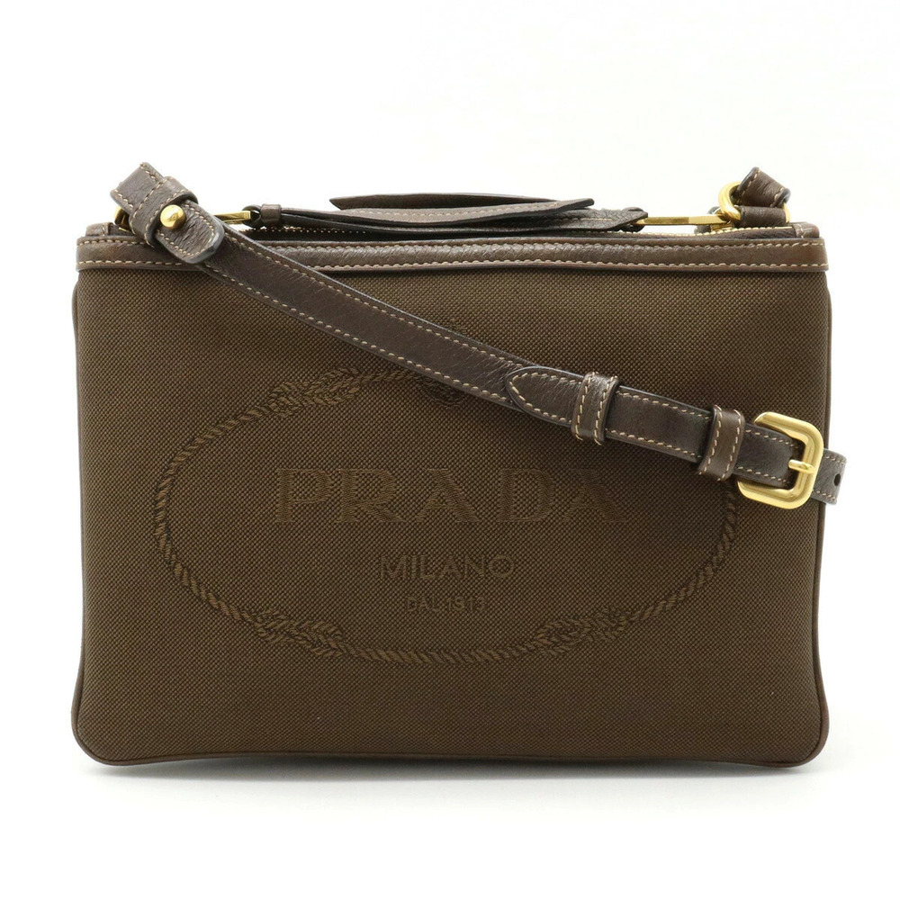Prada Jacquard Shoulder Bag Pochette Clutch Leather Dark Brown